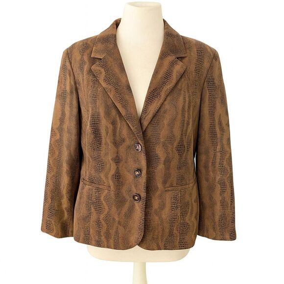 Chicos Jacket Womens 3 Brown Animal Print Faux Suede Blazer Textured Modern - Picture 1 of 6